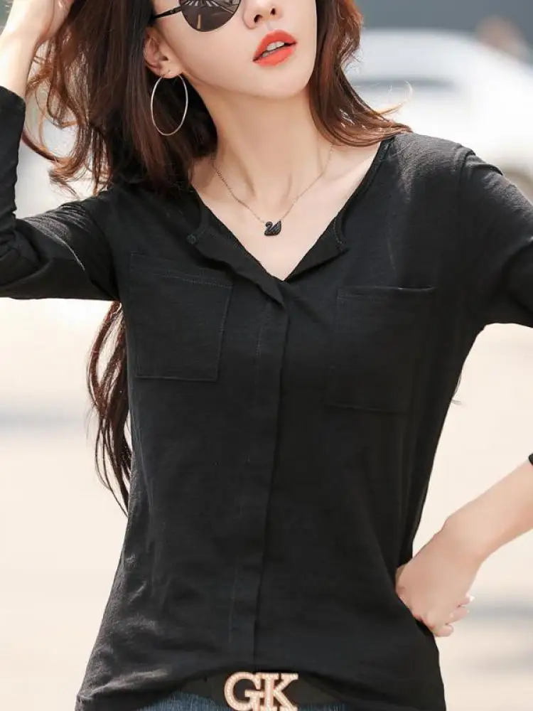 2025 manica lunga autunno inverno donna fiammato cotone magliette femminile verde scollo a V tinta unita T-shirt caffè coreano morbido allentato top 4