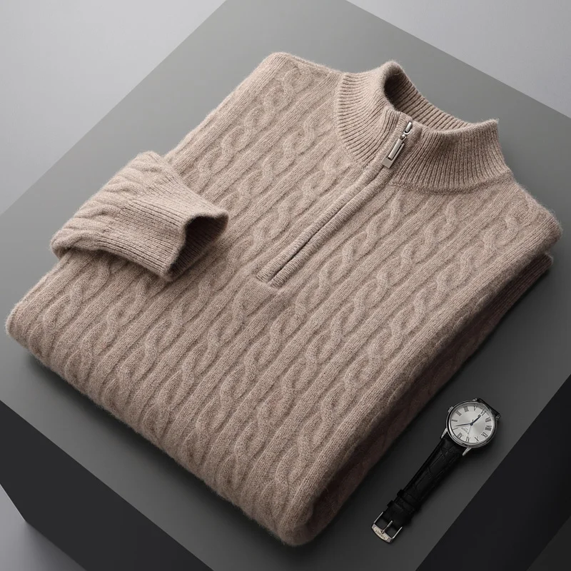 Autunno e inverno nuovo maglione di cashmere merino al 100% da uomo imbottito twist top colletto con cerniera camicia con fondo plus size pullover in maglia 1