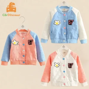 Primavera Autunno Nuovo 2 3 4 5 6 8 10 anni Ricamo Colletto alla coreana Colore Patchwork Cartoon Zipper Baby Kids Girls Giacca da baseball 1