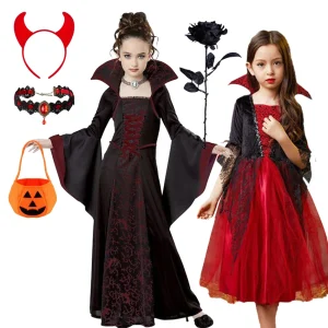 Costume da vampiro in rete per ragazze fantasma di Halloween, costume da principessa per ragazze, costume da spettacolo, abiti da sera neri 1