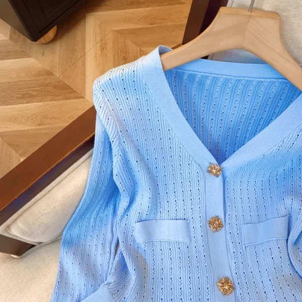 YuooMuoo Cardigan da donna 2025 Autunno Bottoni di lusso Scollo a V Vita sottile Increspato Top in maglia Chic Fashion Lady Maglioni Camicie 5