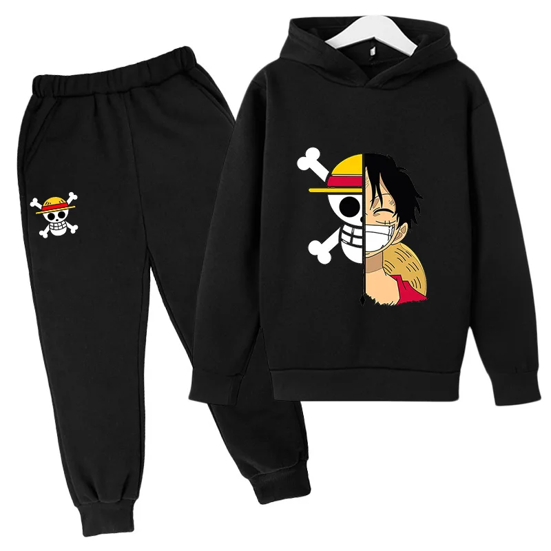 2025 Ragazzi Ragazze Casual Con Cappuccio Anime Giapponese One Piece Rufy Zoro Harajuku Felpa Con Cappuccio Pantaloni Sportivi Set con Tasche Felpa Magliette e camicette 3