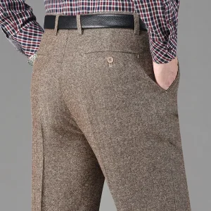 Pantaloni da abito in pile di lana addensata autunno inverno vintage da uomo Pantaloni dritti casual da lavoro larghi a vita alta di mezza età 1