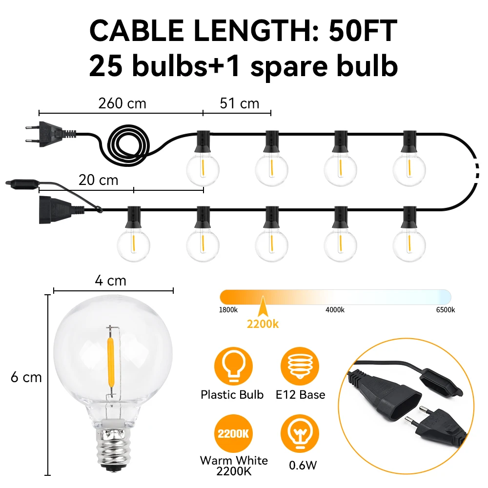 Stringhe di luce a LED G40 Ghirlanda di luce IP44 Stringa di luce per patio 15M 30M 36M Luci da giardino Luci decorative per esterni per matrimonio 3