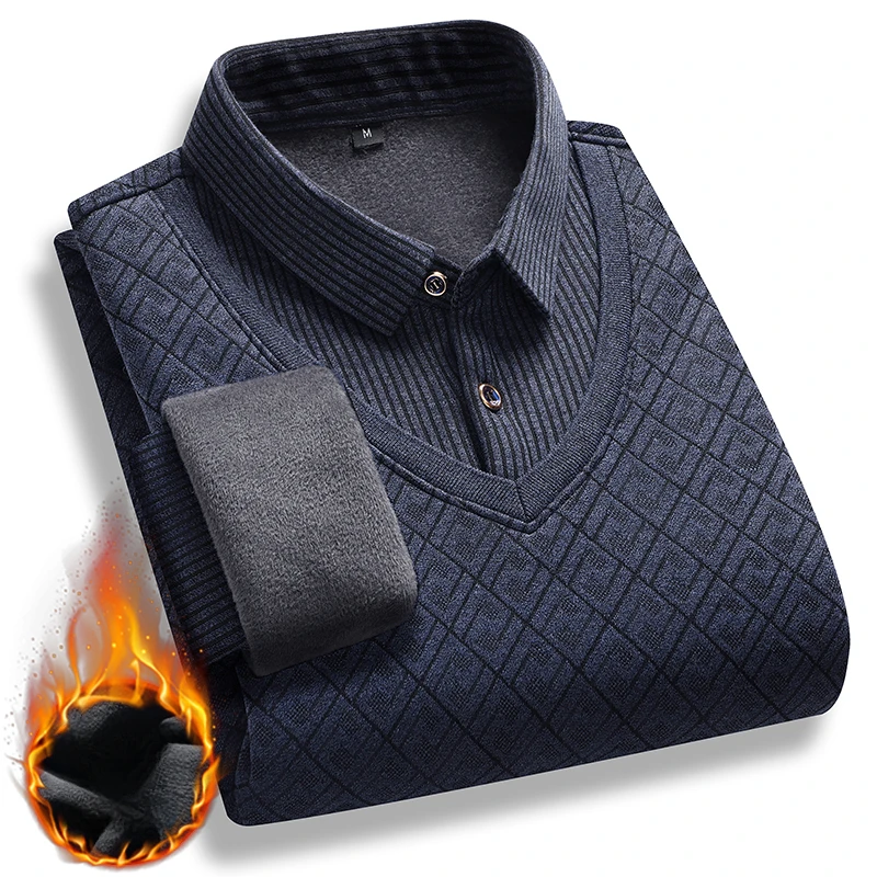 Inverno caldo pullover spesso uomo polo collo falso due pezzi maglioni moda casual a righe foderato in pile maglione lavorato a maglia maglioni 6
