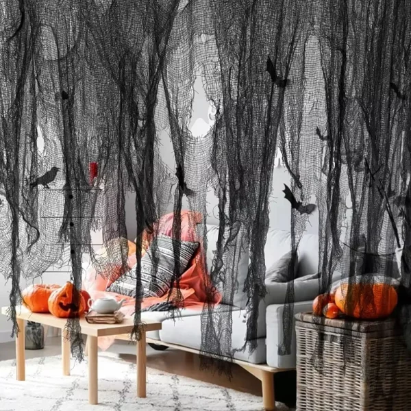 Decorazione di Halloween Garza nera, ragnatela artificiale, panno raccapricciante nero, oggetti di scena gotici per decorazioni per la casa stregata 1