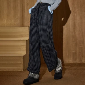 Pantaloni scozzesi vintage da donna invernali 2025 Pantaloni a gamba larga a vita alta Vestibilità ampia Taglio dritto Palazzo Casual Loungewear 1