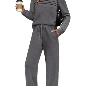 2025 Nuovo Autunno Europeo e Americano Transfrontaliero Vestito da Donna Manica Lunga Girocollo Top Casual Elastico in Vita Larga Leganti 1