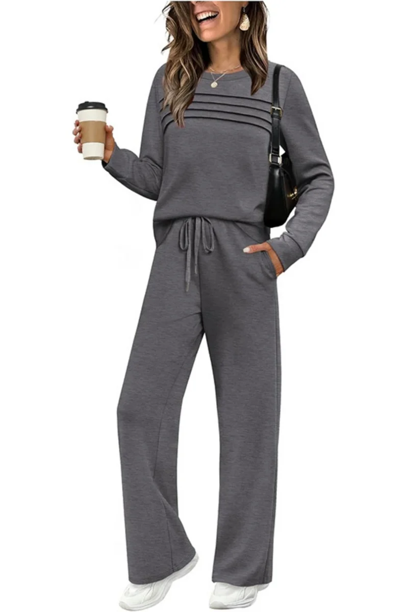 2025 Nuovo Autunno Europeo e Americano Transfrontaliero Vestito da Donna Manica Lunga Girocollo Top Casual Elastico in Vita Larga Leganti 1