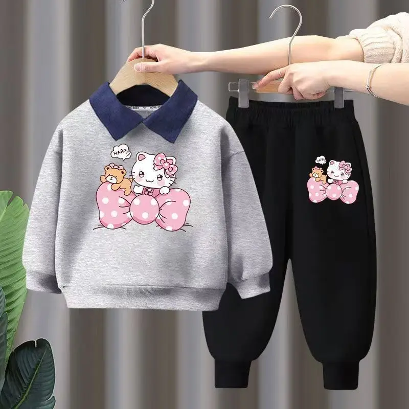 Autunno Kid Vestiti per ragazze Set Bambini Ragazzo Risvolto Orso cartone animato Stampato Felpe Pullover Top e pantaloni Fondo Tute 3