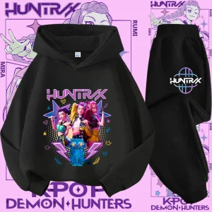 2026 Camicia casual cool per ragazza carina di nuovo stile per bambini con set di felpe con cappuccio - Camicia sportiva con stampa cartoon K-pop Demon Hunter 2 pezzi 1