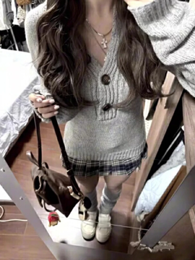 Maglione Aoaiiys da donna maglioni lavorati a maglia a maniche lunghe grigio Spice Girls pullover sottile autunno inverno nuovi comodi maglioni casual 3