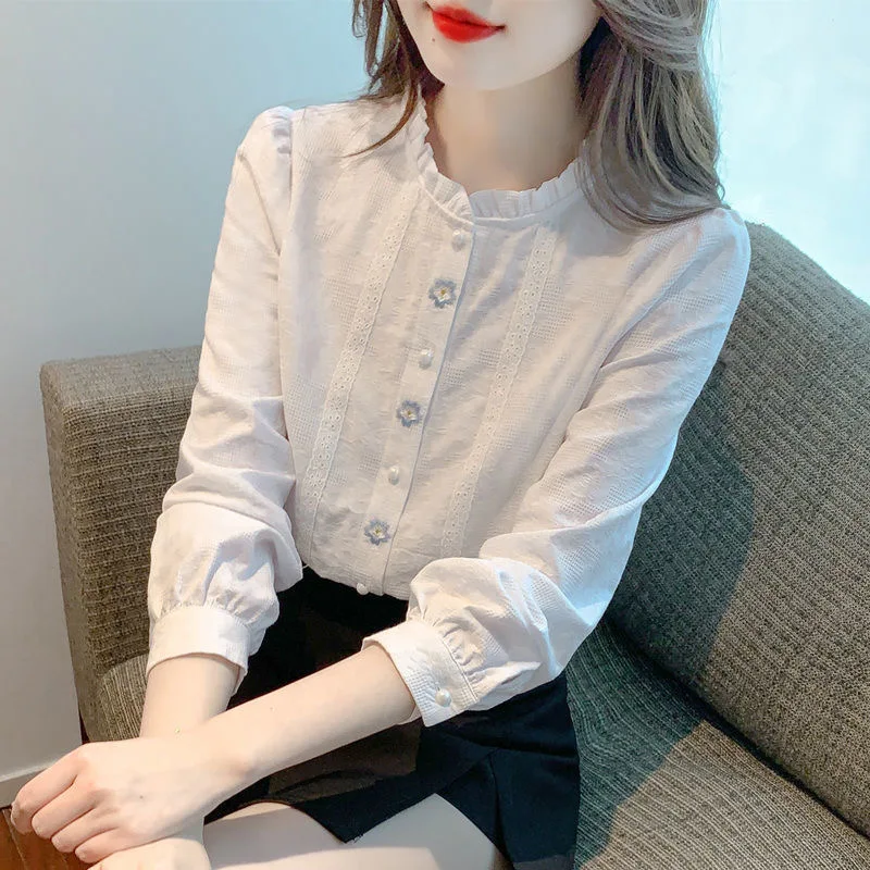 Ricamo Donna Primavera Autunno Camicette Camicie Lady Casual Manica lunga Colletto alla coreana Tinta unita Blusas Top DF4774 2