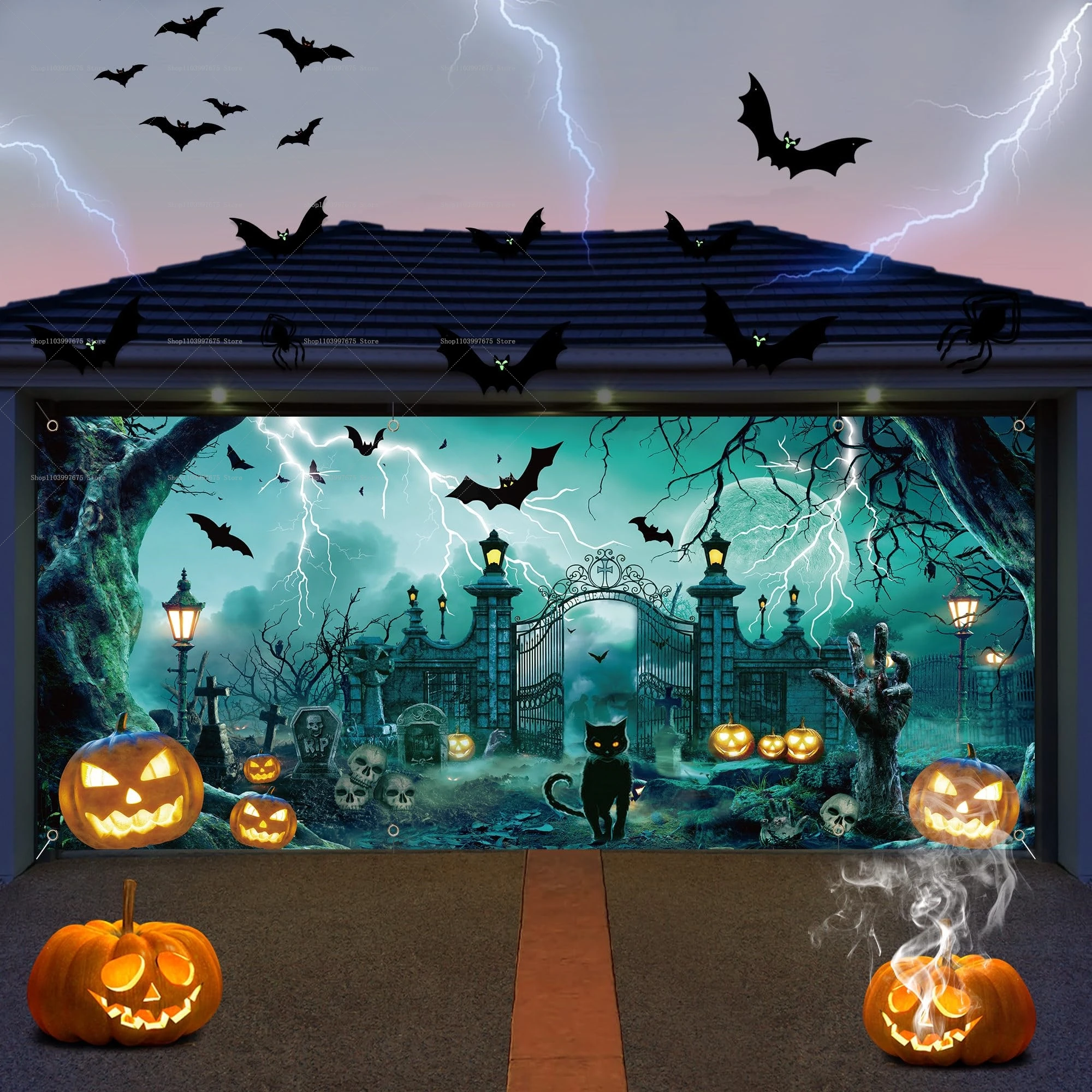 Halloween Strega Zucca Porta del garage Banner Decorazione Fondale fotografico Pareti esterne Eventi Sfondo Puntelli Forniture per feste 2