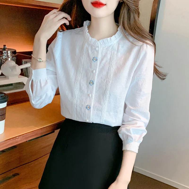 Ricamo Donna Primavera Autunno Camicette Camicie Lady Casual Manica lunga Colletto alla coreana Tinta unita Blusas Top DF4774 4
