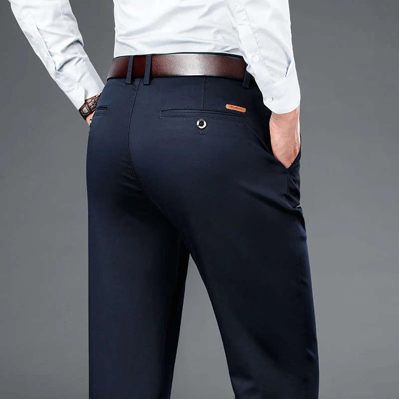 Pantaloni Casual da uomo elasticizzati pantaloni dritti da ufficio classici autunno nuovi comodi a vita alta marca maschile nero blu grigio 2