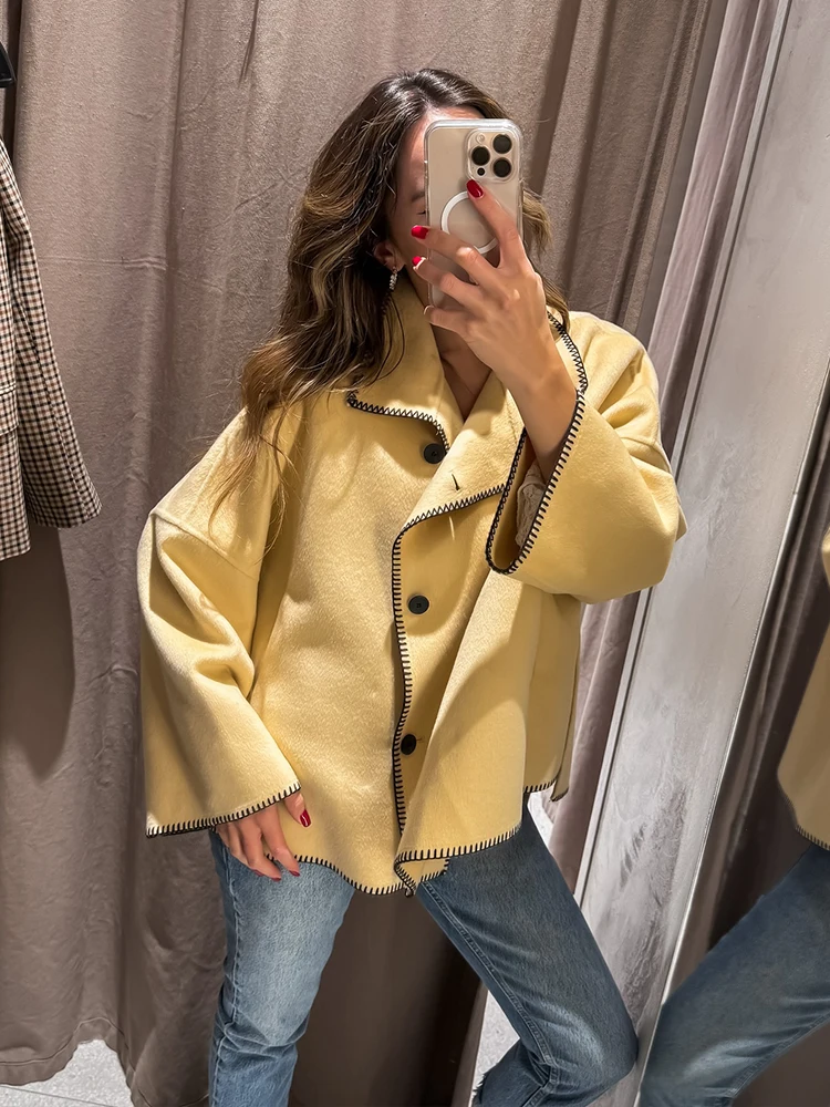 HH Donna Autunno Moda Cappotto allentato Donna Cappotto casual Dolcevita a maniche lunghe Monopetto Decora giacche stile street solido 5