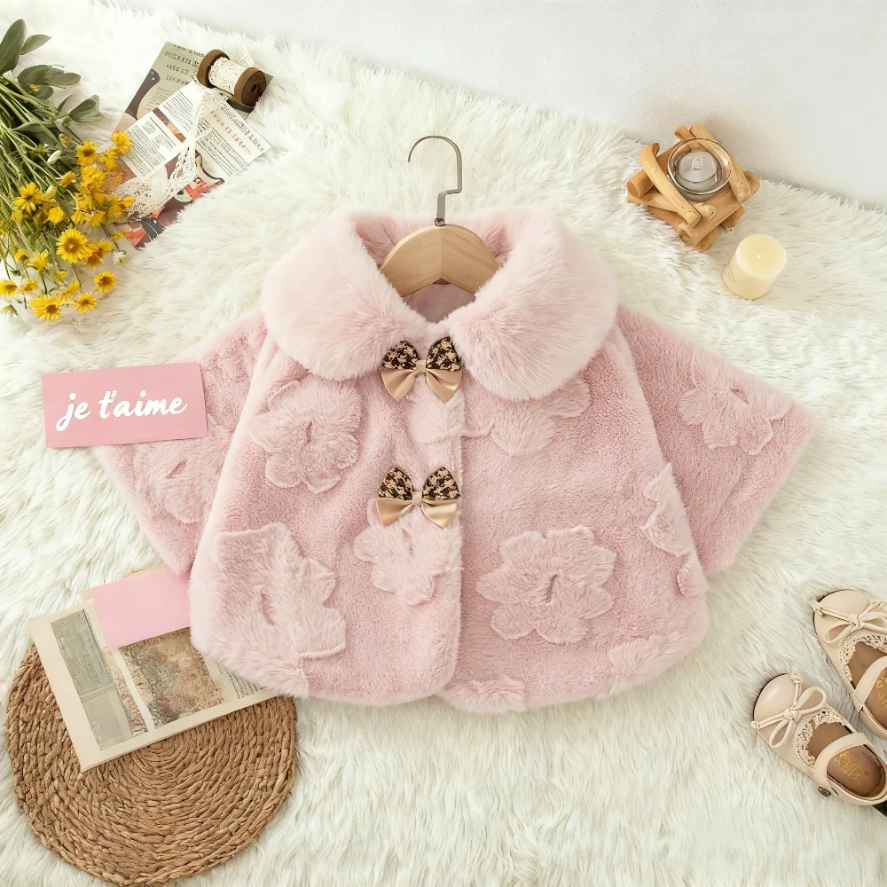 Abbigliamento invernale per bambina Cappotto scialle da ragazza caldo foderato in shearling tinta unita Adorabile colletto con fiocco Capispalla per bambino 2