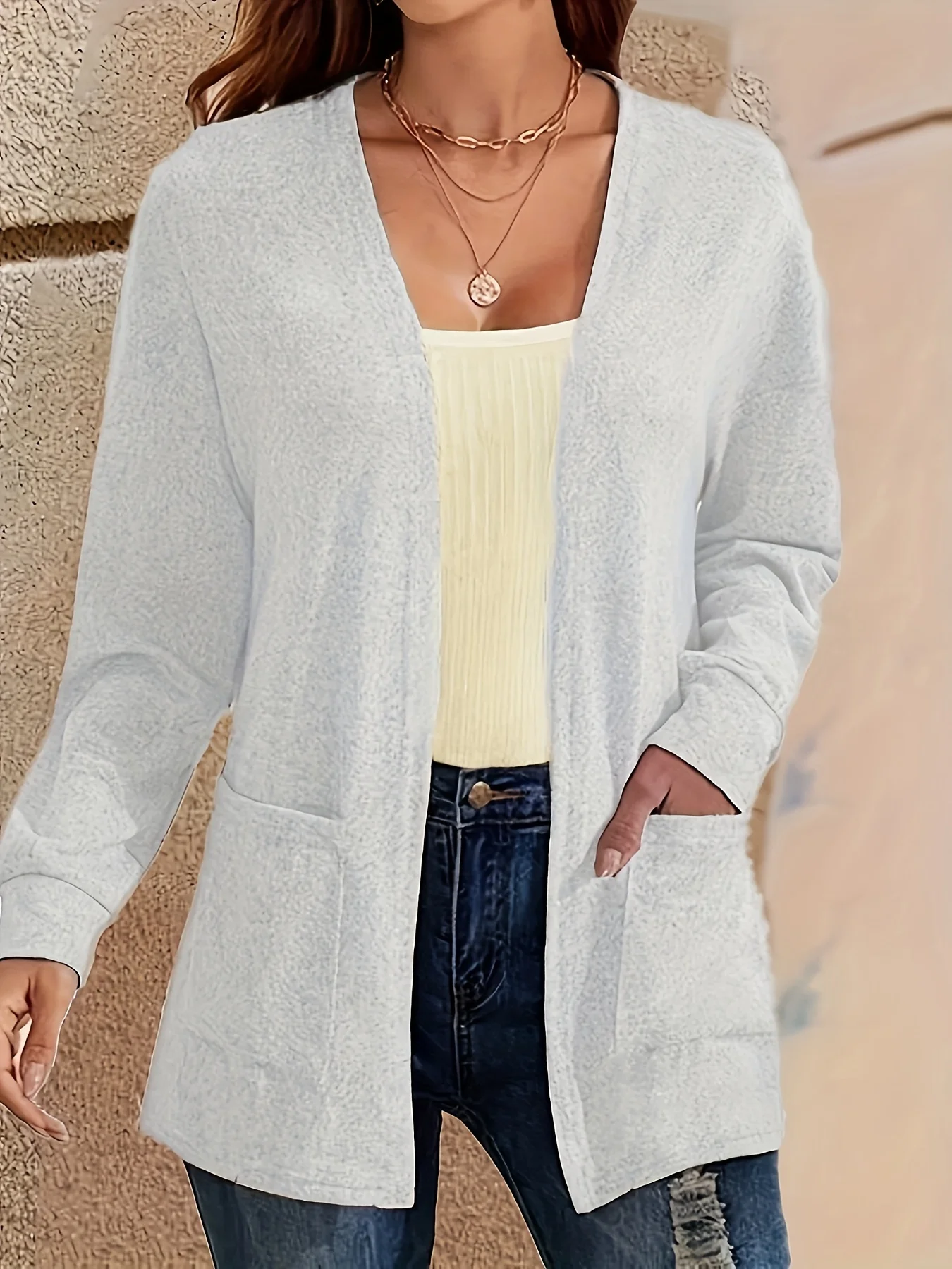 Cardigan giacca da donna autunno chic casual tinta unita con tasca sottile taglie forti 6