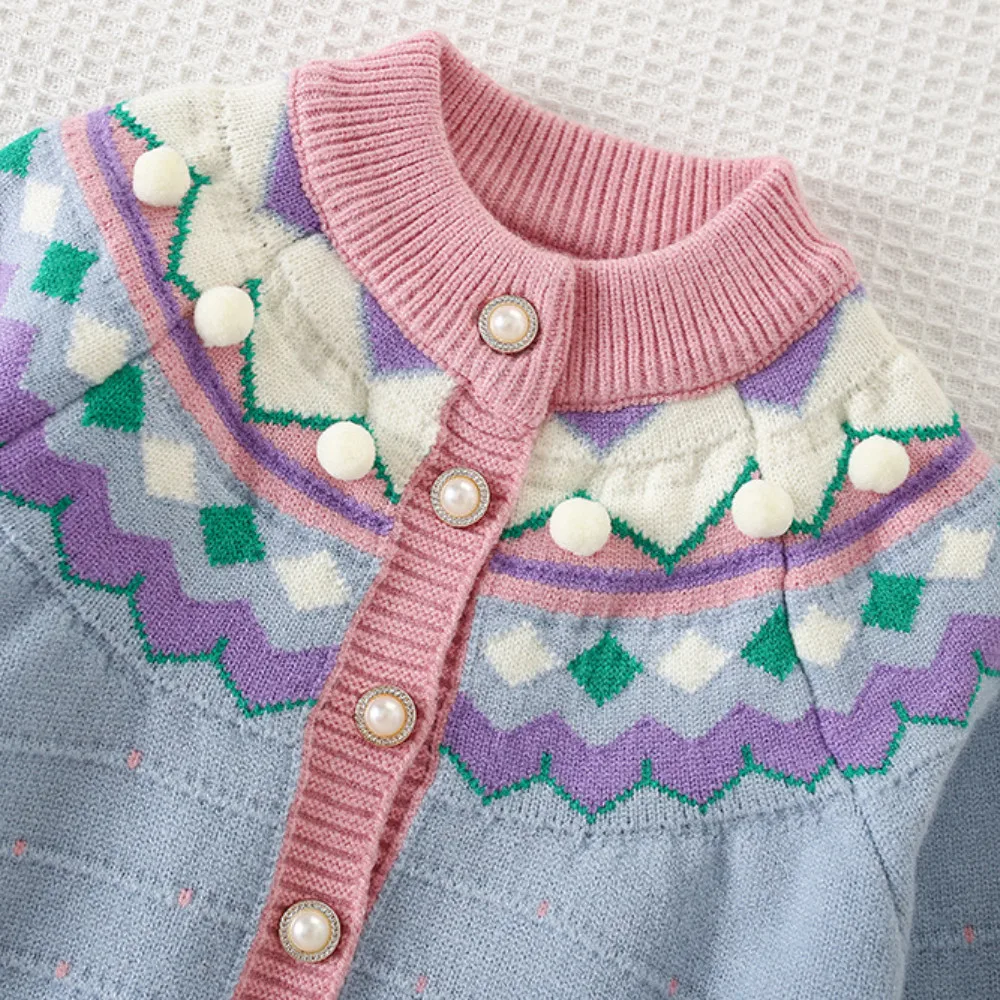 Stile etnico Autunno Inverno Nuovo 2025 Vestiti per ragazze Lavorato a maglia a maniche lunghe Color Bloccato Cardigan Top + Gonna corta Set a due pezzi 5