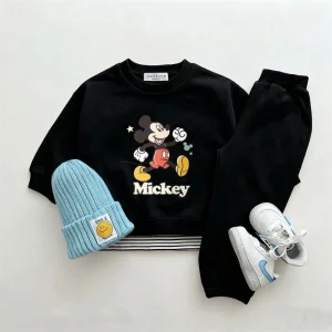 2 3 4 5 6 anni Completi per bambini Felpe con cappuccio girocollo nere Pantaloni sportivi larghi Set Ragazzi Nuovo stile Cartoon Pullover Pantaloni sportivi neri 1