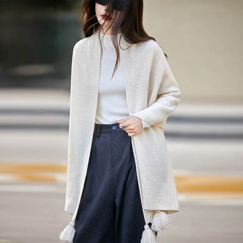 2025 Donna 100% lana merino maglione scialle cardigan lungo autunno inverno semplice chic maglieria casual sciarpa scialle con frange in pura lana 5