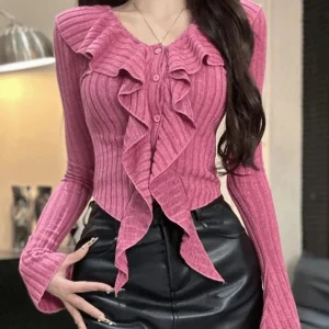 Pullover a maniche lunghe con volant con scollo a V primavera autunno Maglione lavorato a maglia con maniche svasate dolce Moda All-match Nero Chic Maglione Top 2025 1