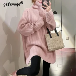 Donna semplice Casual oversize dolcevita maglione lavorato a maglia 2023 autunno inverno Trendy Split manica lunga Pullover tunica top maglioni 1