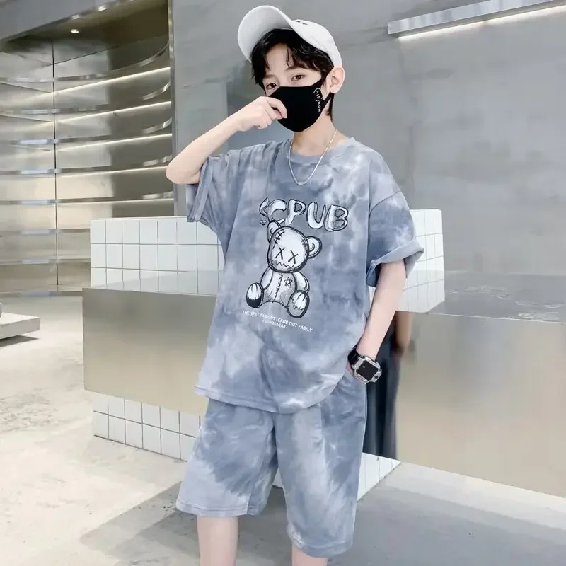 Estate bambini ragazzo vestiti Set ragazze adolescenti Tie Dye magliette e pantaloncini 2 pezzi vestito bambino cartone animato orso Top fondo abiti tuta 1