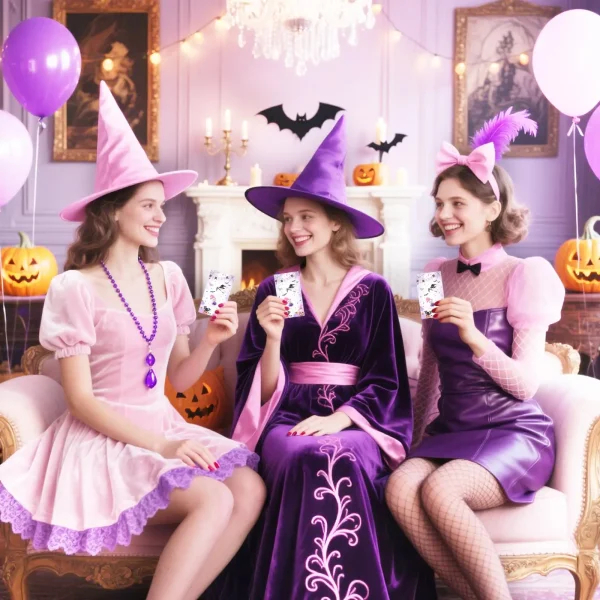 1 set da 50 confezioni di carte da grattare per Halloween rosa viola biglietti da gioco per feste lotteria premio rifa con carino 4