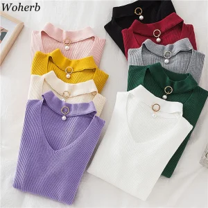 Woherb 2025 Basic scollo a V che borda solido autunno inverno maglione pullover donna maglioni lavorati a maglia maglione Badycon elasticizzato sottile Mujer 1