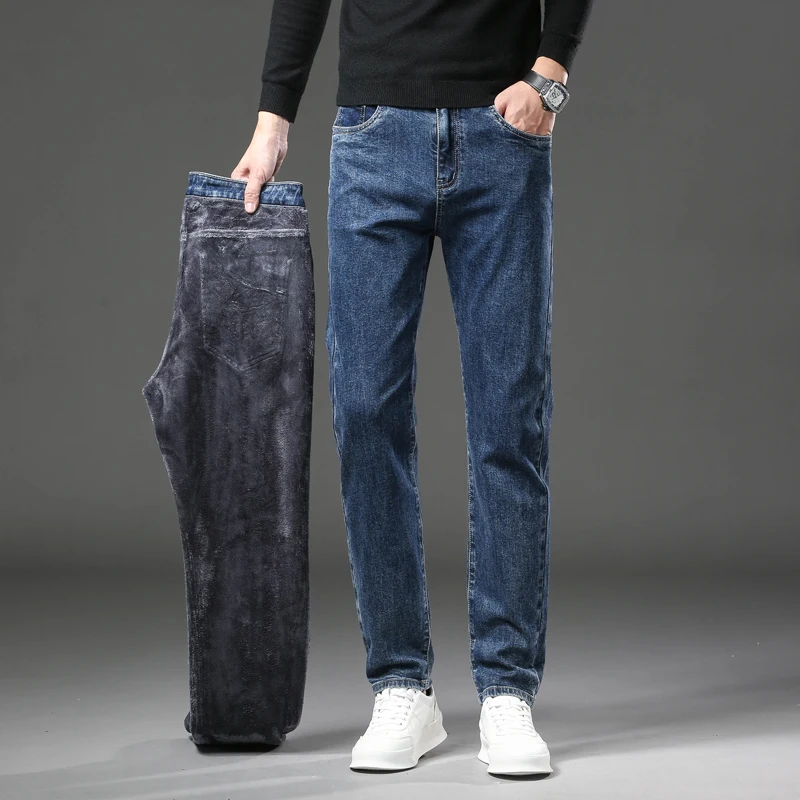 Jeans caldi spessi in pile invernale Pantaloni in denim elastici dritti slim da uomo Abbigliamento casual maschile Pantaloni in peluche alla moda 5
