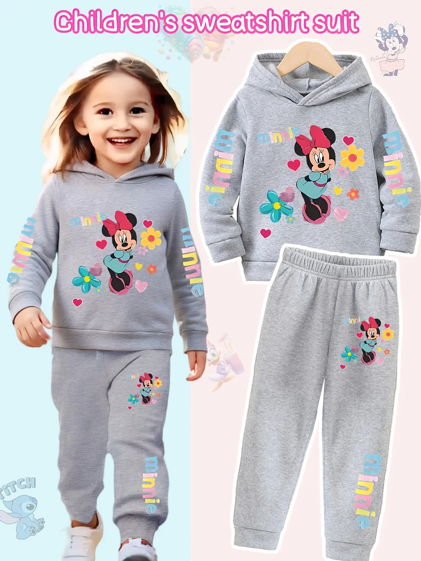 Felpa con cappuccio e pantaloni da ragazza in 2 pezzi Felpa con stampa floreale rosa con pantaloni in vita elastica Comodo abbigliamento invernale 3