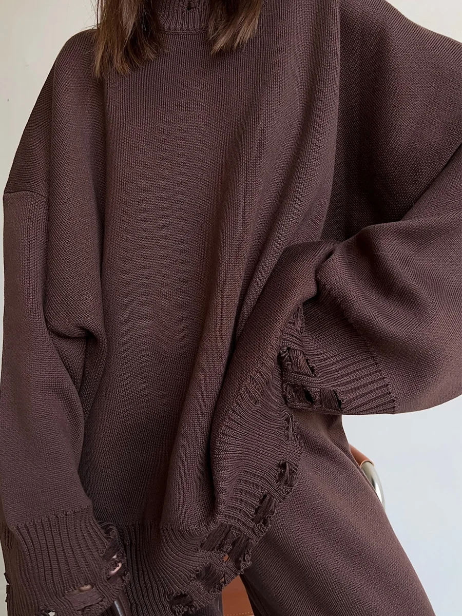 Set strappato a due pezzi Tute da donna in maglia O Collo Manica lunga Felpe larghe casual + Pantaloni da jogging Completi 2025 Autunno Inverno 6