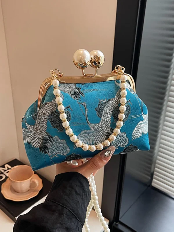 Borsa da sera cinese alla moda e con clip con stampa floreale a contrasto, semplice catena di perle, elegante borsa a tracolla 3
