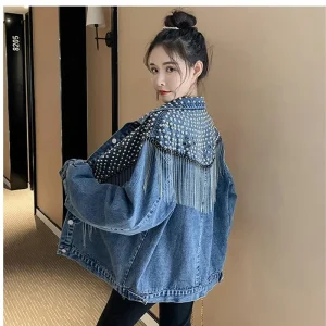 2025 Cappotto di jeans Abbigliamento donna Autunno Nuova moda coreana Versatile collo alto Cappotto corto Perline Giacche casual larghe Top da donna 1
