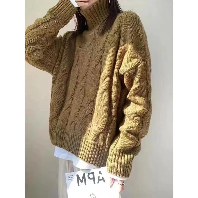 Dolcevita twist addensato maglione di puro cashmere al 100% maglione allentato da donna camicia con fondo in maglia vento pigro 4