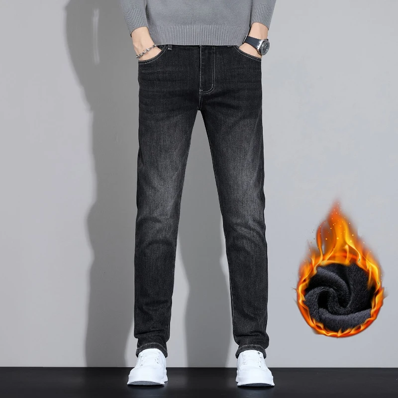 Jeans in velluto spesso in pile invernale da uomo Pantaloni americani slim fit caldi elastici Pantaloni casual semplici in denim alla moda comodi 5