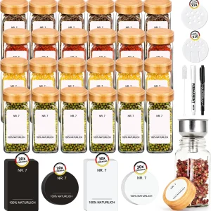 Set quadrato di barattoli di spezie con coperchio in bambù ecologico da 120 ml |   12/24 barattoli di spezie con etichette di spezie |   Organizzatore di spezie da cucina perfetto 1