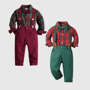 1-9 anni Ragazzo Costume di Natale Bambini Vestito per bambini Compleanno Vestiti per neonato Festival a maniche lunghe per neonato scozzese verde e rosso 1