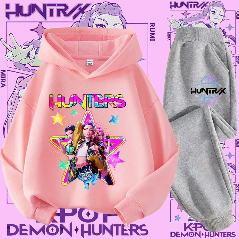 Camicia sportiva con stampa cartoon 2 pezzi Nuovo set maglione con cappuccio per bambini - K-pop Demon Hunter Girl Cute Casual Top per bambini 3