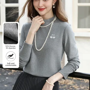 I BELIEVE YOU T-shirt da donna grigia con collo a lupetto Top Autunno Inverno 2025 T-shirt con fondo in pile caldo ricamato con strato interno 2253236137 1