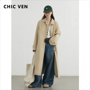 CHIC VEN Trench lungo da donna Allentato Casual Nuovo monopetto con clip in cotone Giacca a vento da donna Cappotto da donna Autunno Inverno 2024 1