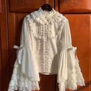 Ragazza giapponese Kawaii Dolce e carino Lolita Camicia a maniche svasate Autunno Y2k Estetica Patchwork di pizzo Camicetta Top Donna JK Blusas allentate 1