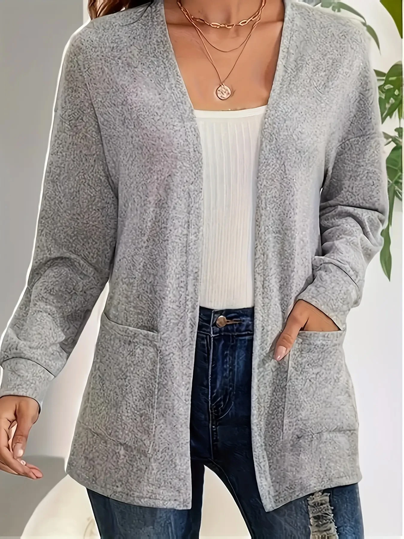 Cardigan giacca da donna autunno chic casual tinta unita con tasca sottile taglie forti 1