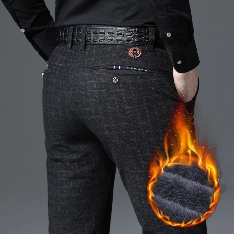 Pantaloni in pile da uomo invernali nuovi pantaloni da lavoro casual alla moda scozzesi elasticizzati dritti più spessi abbigliamento di marca maschile blu nero 4