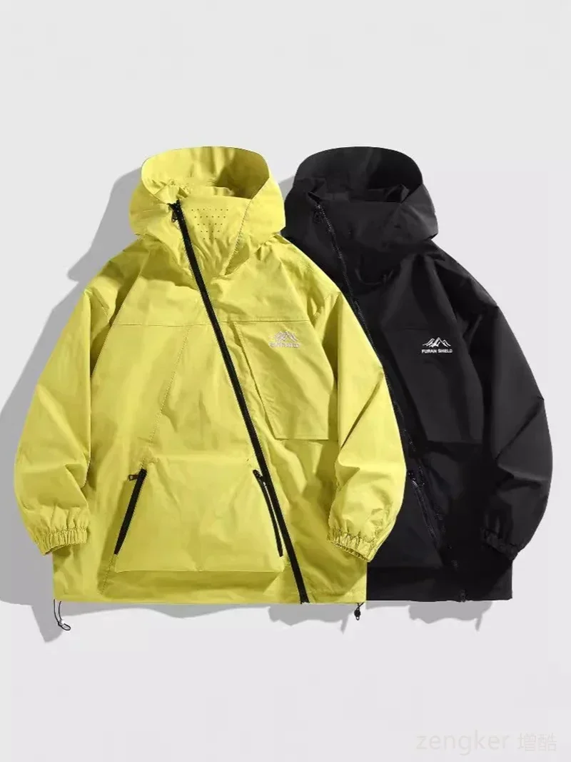 Giacca da carica con cerniera diagonale da esterno nera casual da uomo primavera autunno Felpa con cappuccio alla moda Giacca impermeabile grande 200 kg 12XL 4