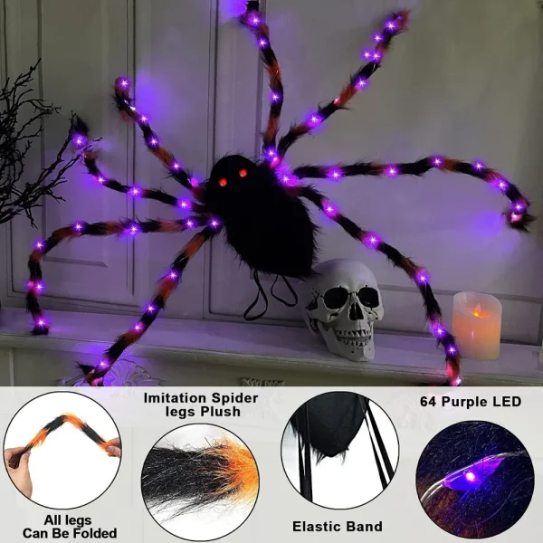 Spaventoso costume da ragno di Halloween 2 in 1 LED per cosplay, costume da zaino da ragno in peluche con luce viola 4