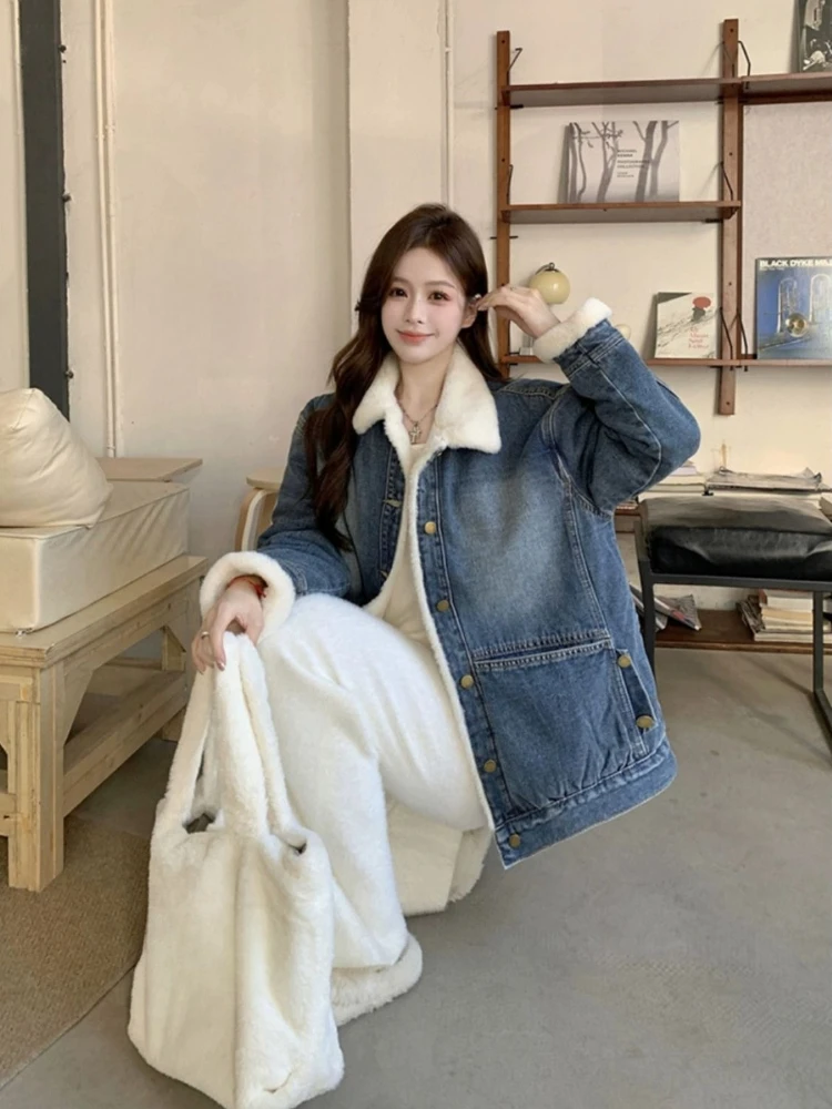 Giacca di jeans ispessita in velluto più da donna - Cappotto invernale caldo stile coreano oversize casual lavato con acqua 2