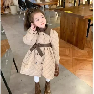 Cappotti per bambini Cappotto imbottito in cotone con clip in pelle PU imbottito in cotone da ragazza Cappotto medio lungo Cappotto invernale per ragazze 1